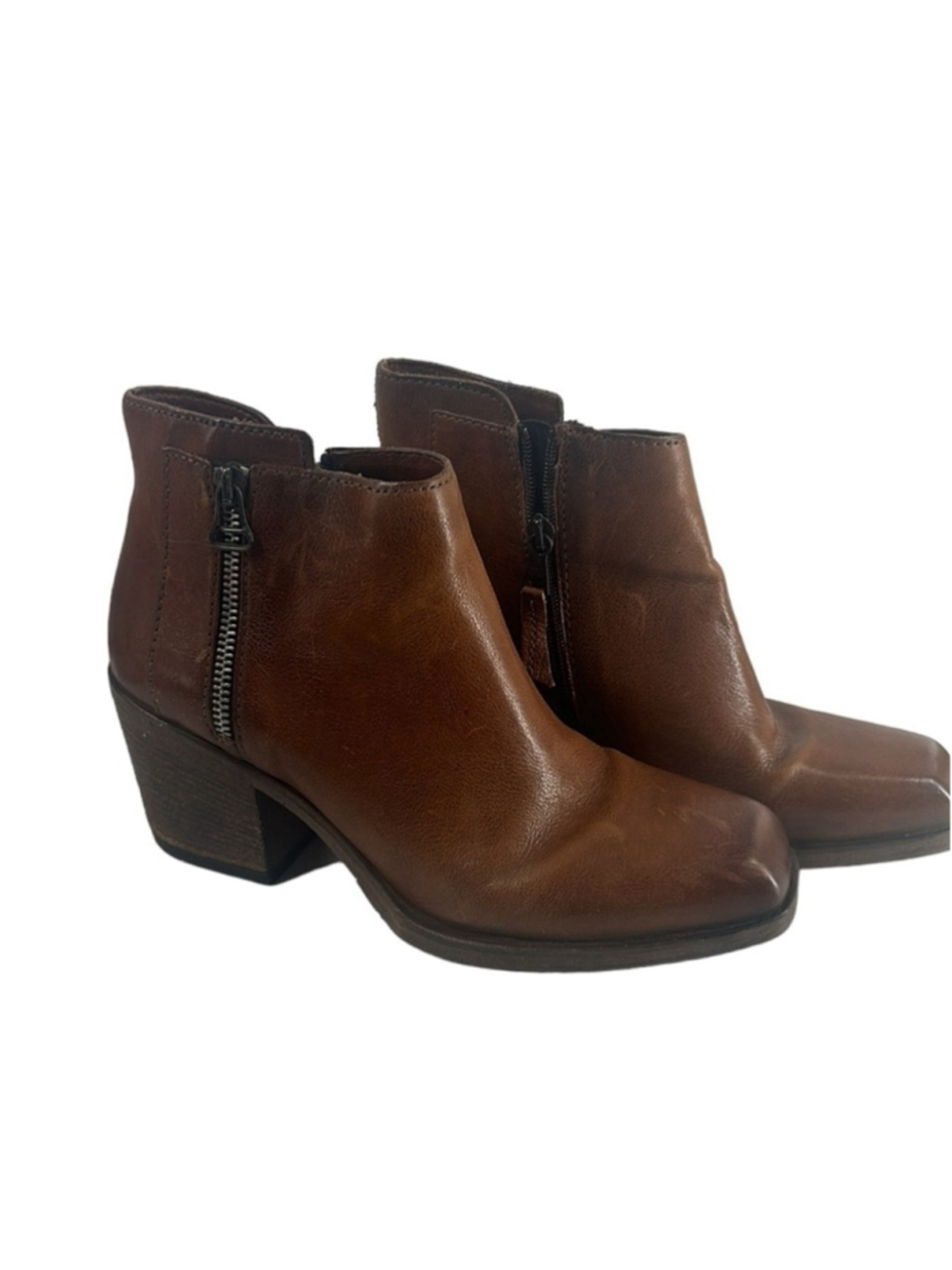 Mjus boots bootie stacked chunky heel brown leather square toe fall sz 8.5